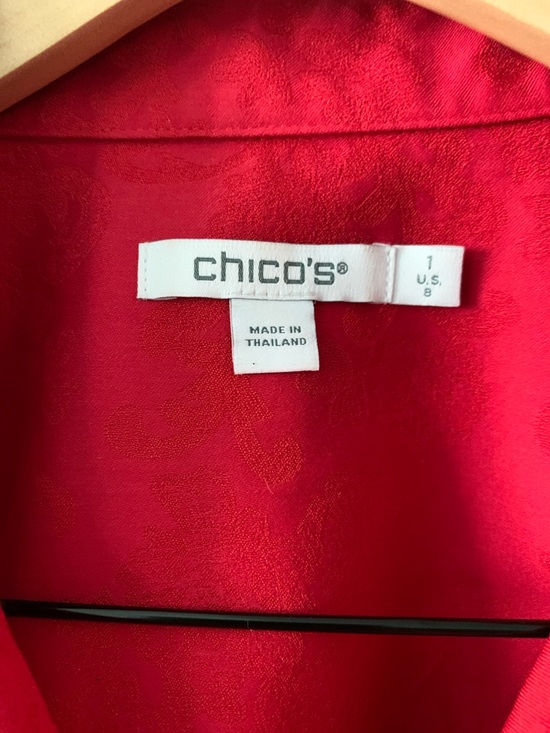 Chico's Vibrant Red Classic Button-Down Shirt with red on red floral design - Picture 2 of 7